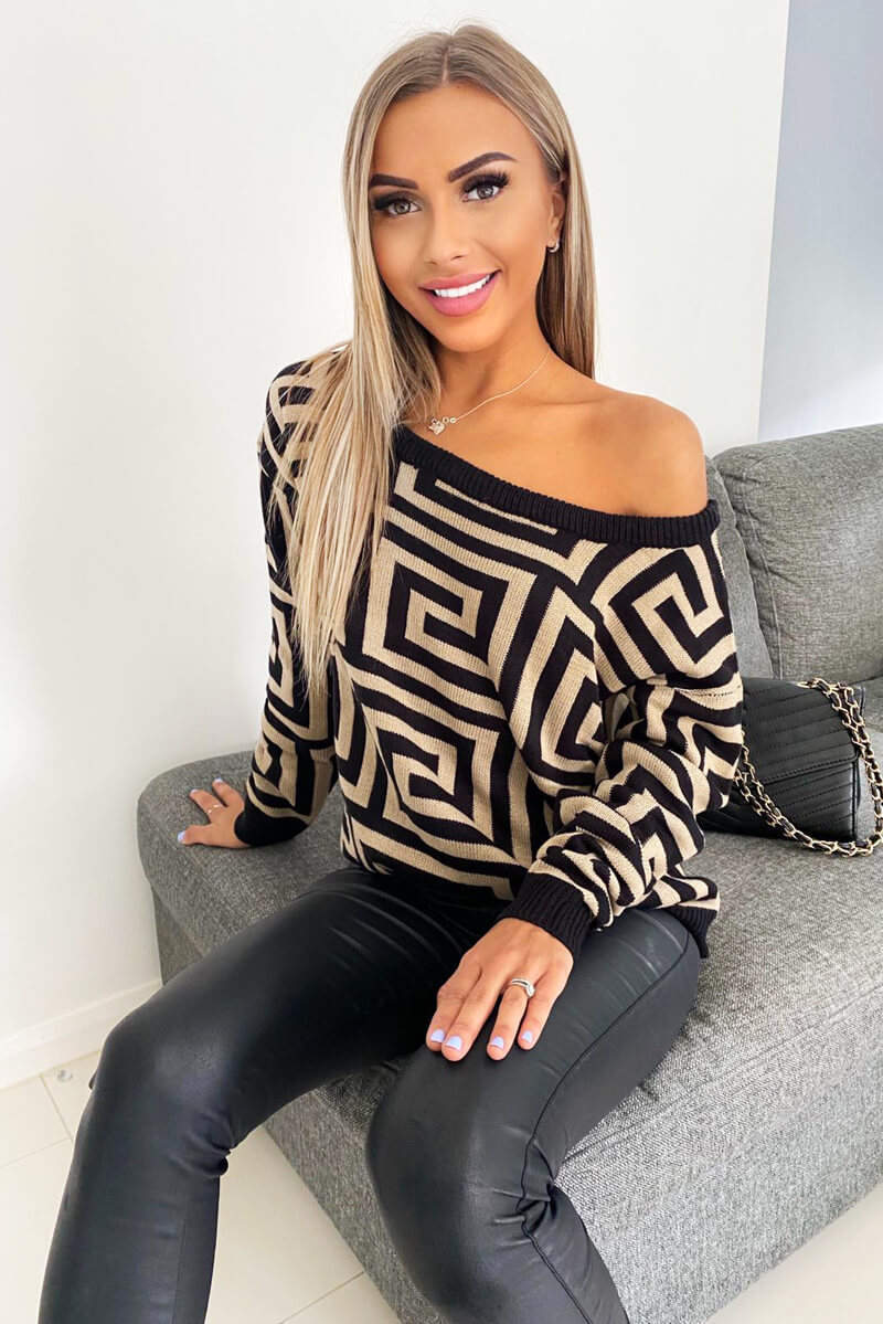 Stone Geo Off The Shoulder Knitted Jumper - Swimclubus