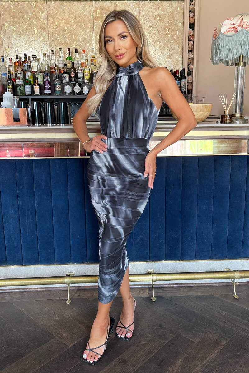 Black And White Marble Print Halter Neck Ruched Mesh Midi Dress - Swimclubus