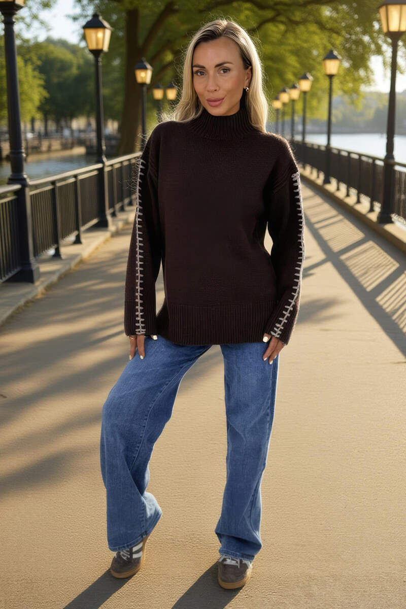 Chocolate Mock Neck Blanket Stitch Detail Jumper - Swimclubus