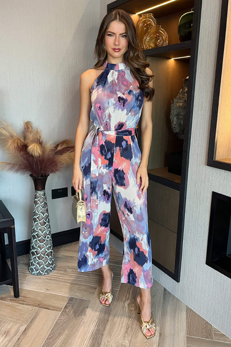 Multi Smudge Print Halter Neck Tie Waist Jumpsuit - Swimclubus