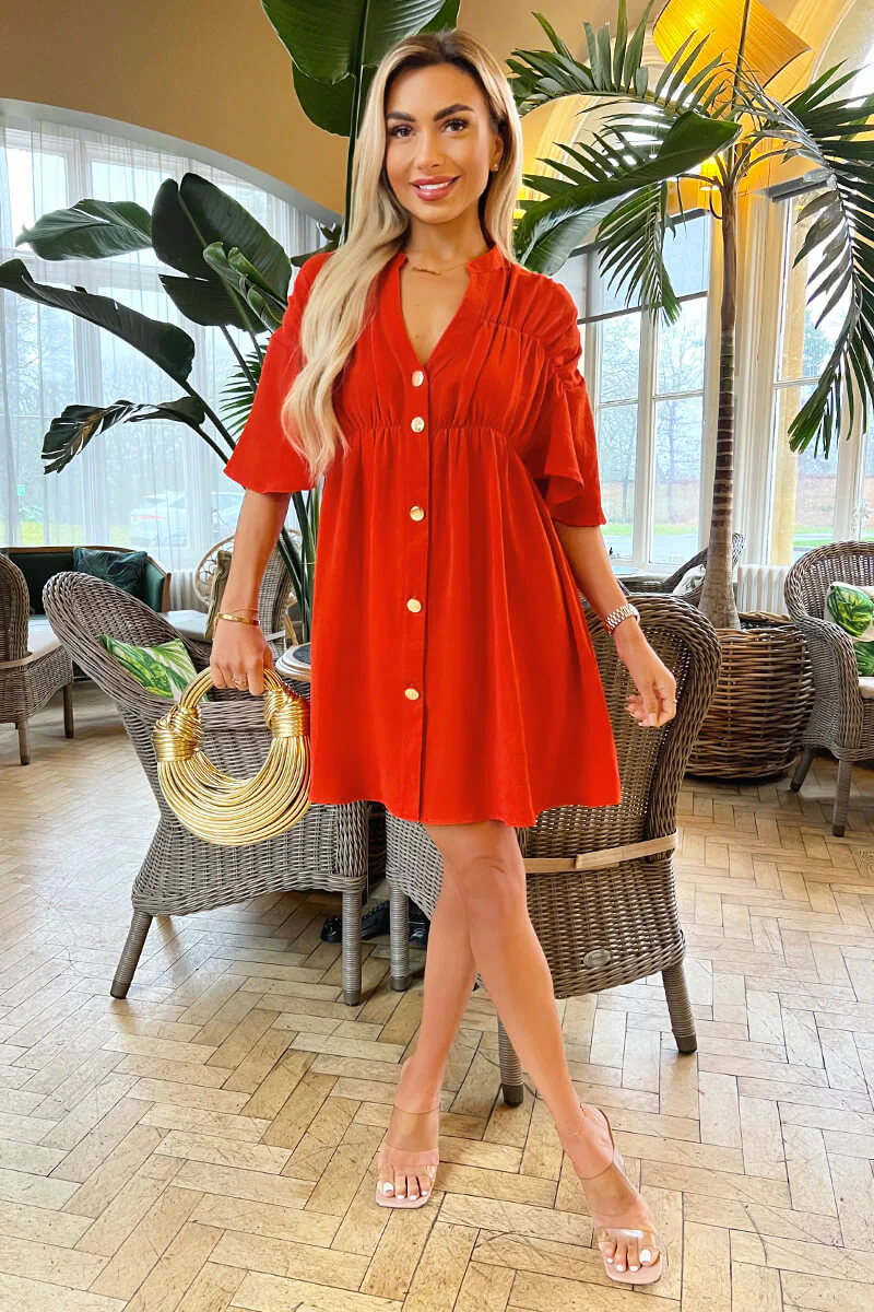 Burnt Orange Button Up Ruched Detail Smock Dress - Swimclubus