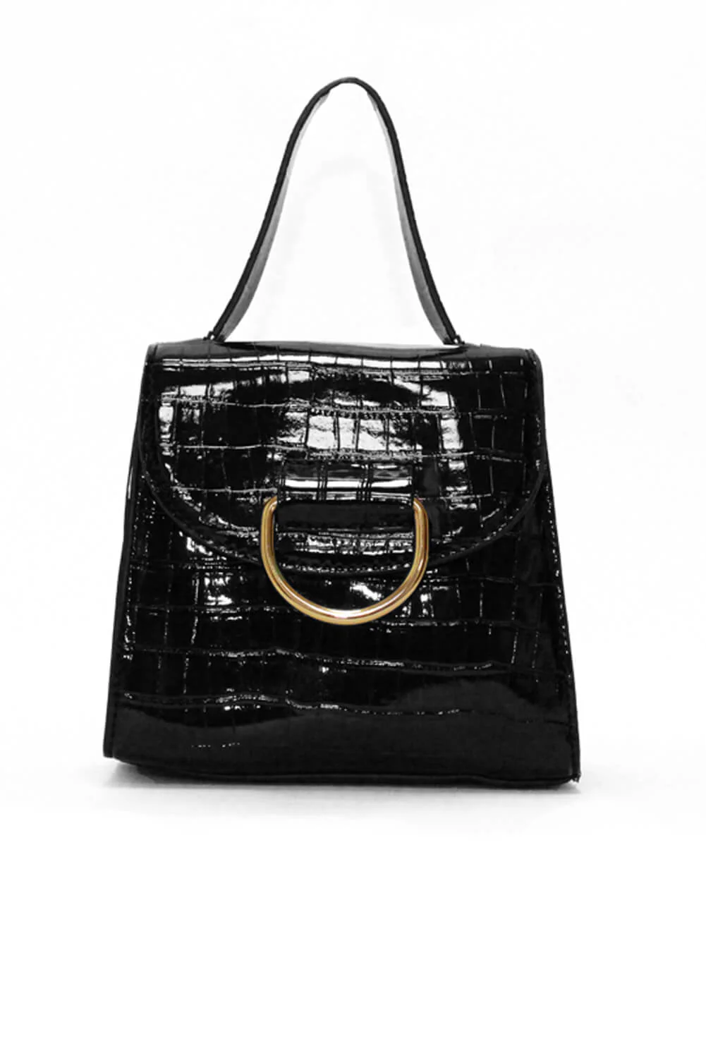 Black Croc Mini Patent Bag With Gold Ring - Swimclubus