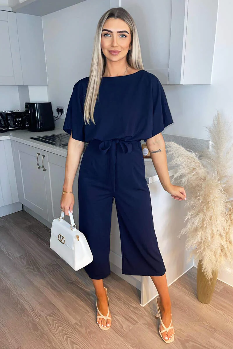 Navy Tie Waist Short Sleeve Culotte Jumpsuit - Swimclubus