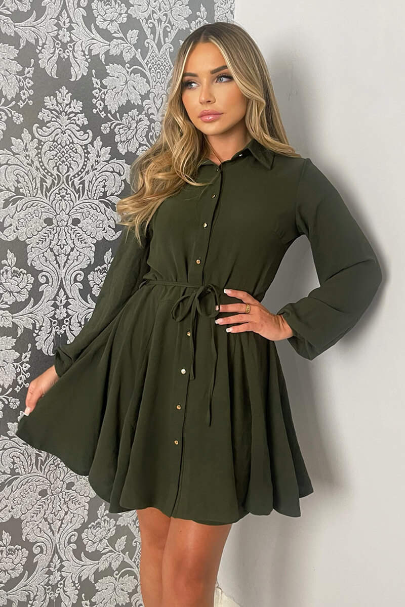 Olive Long Sleeve Belted Pleated Skater Dress - Swimclubus