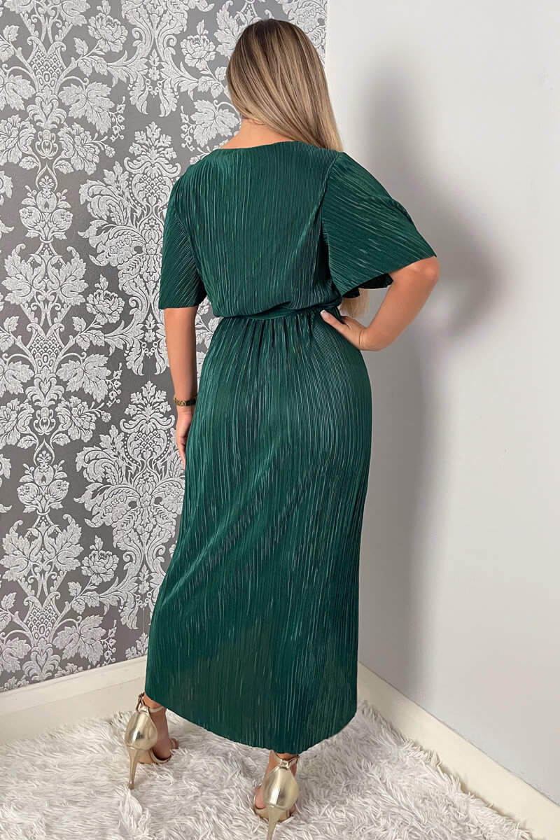 Green Wrap Top Belted Short Sleeve Plisse Midi Dress - Swimclubus