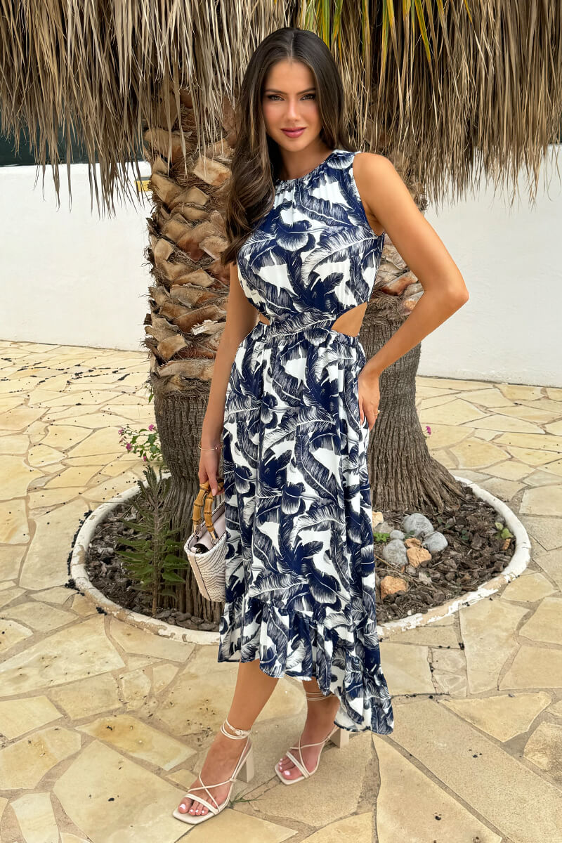 Navy Leaf Print Waist Cut Out Frill Hem Midi Dress - Swimclubus