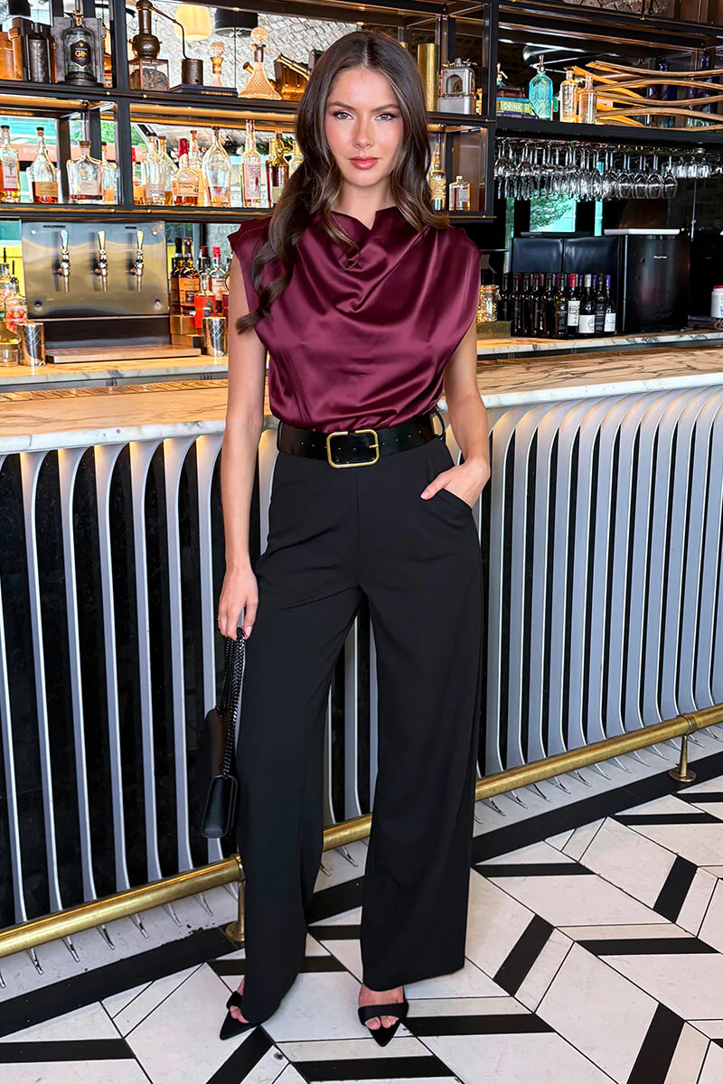 Dark Plum 2 in 1 Draped Neck Belted Wide Leg Jumpsuit - Swimclubus