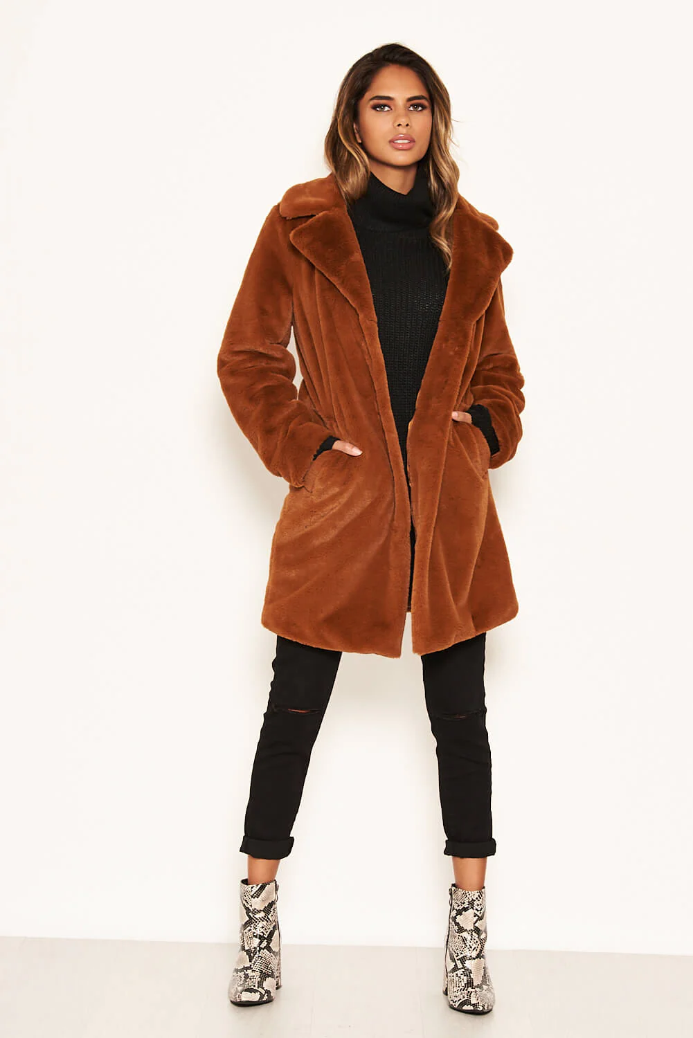 Rust Long Faux Fur Coat - Swimclubus