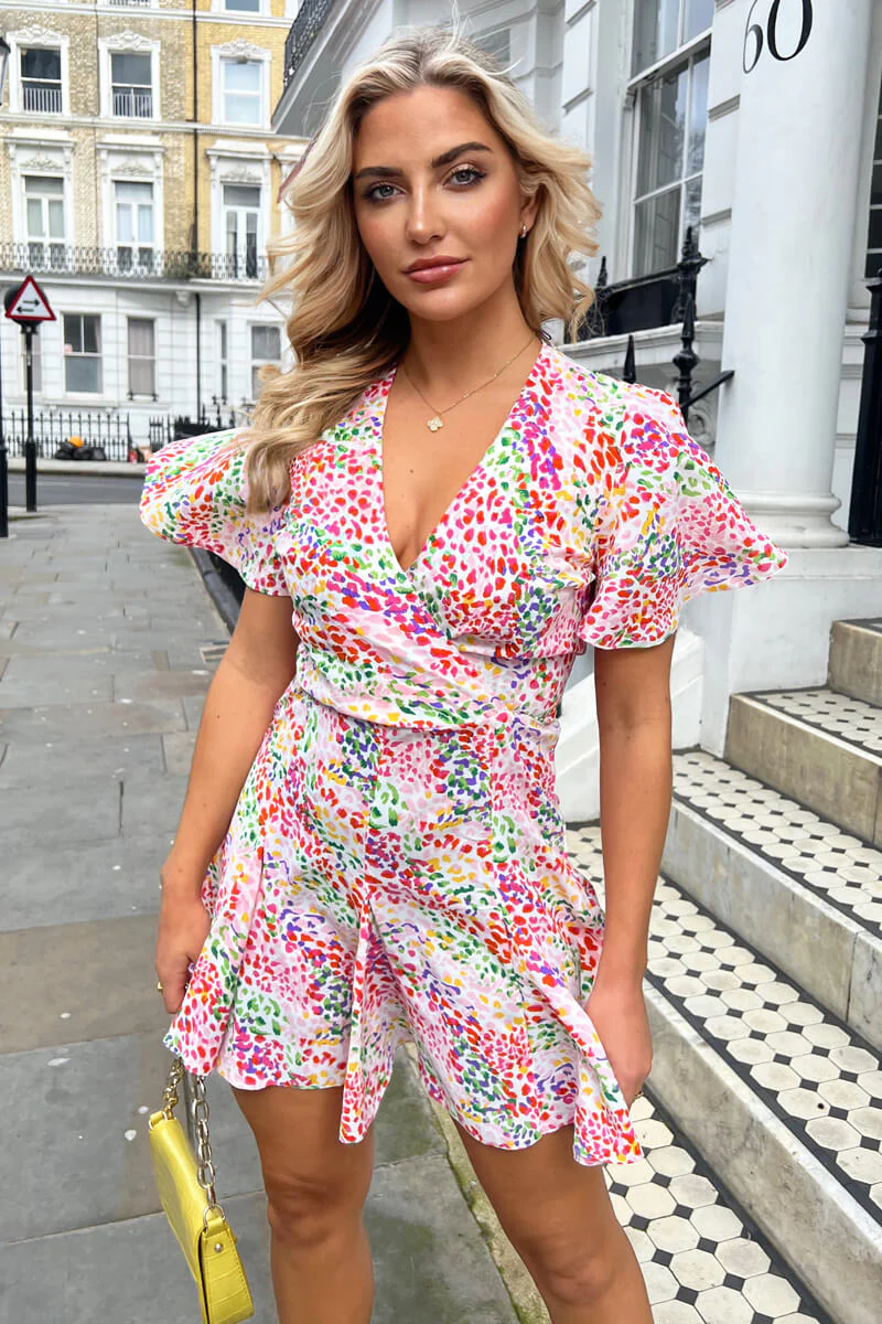 Multi Colour Printed Wrap Top Skater Dress - Swimclubus