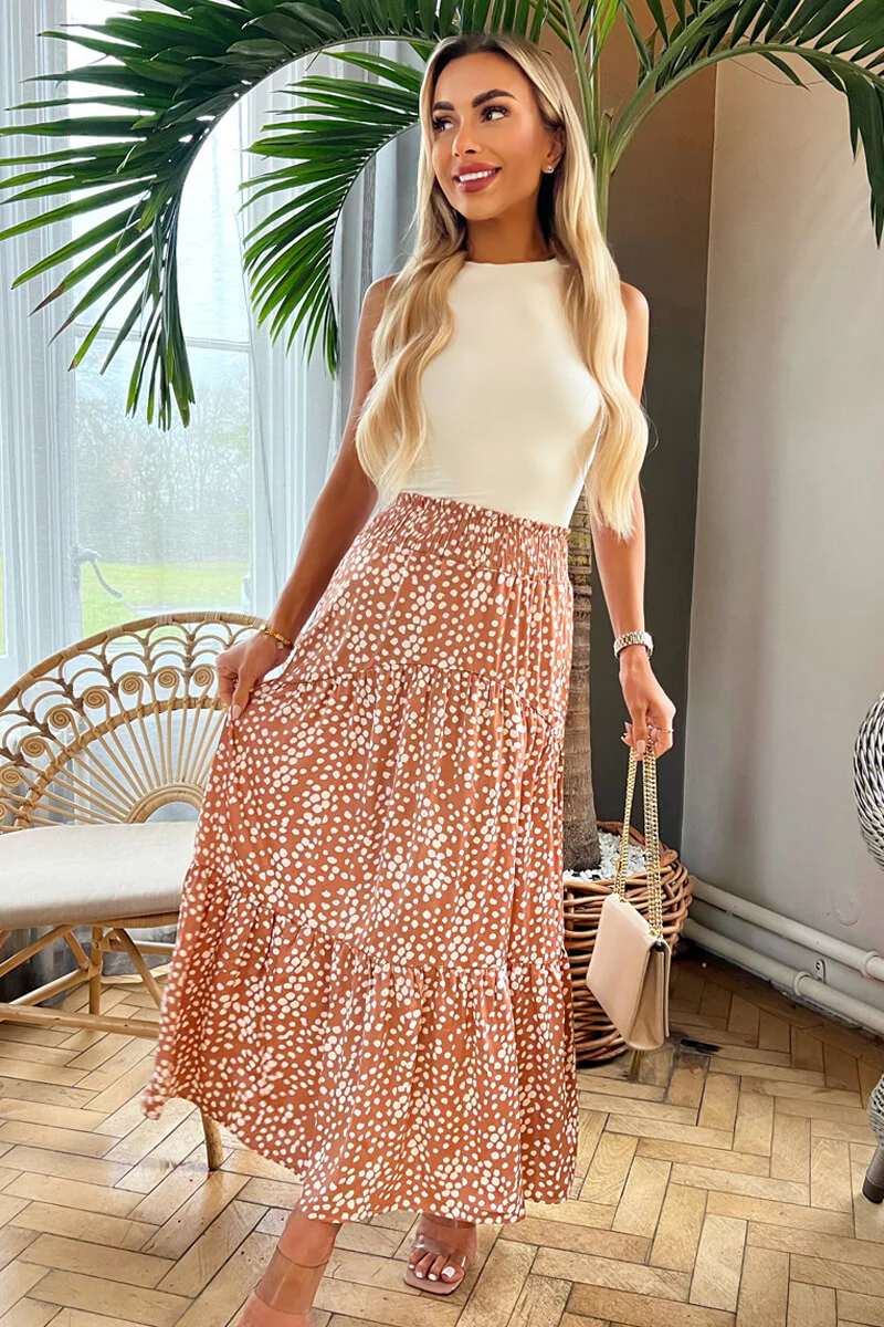 Mocha Print Shirred Waist Maxi Skirt - Swimclubus