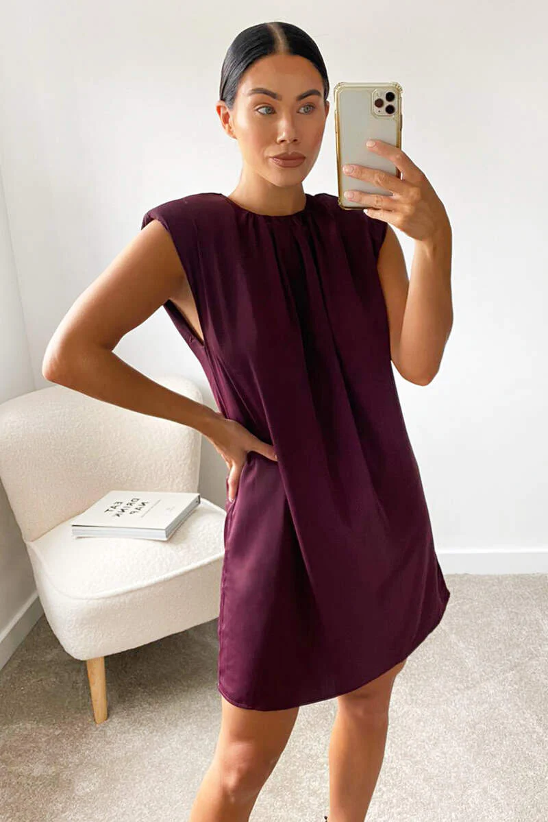 Plum Padded Shoulder Shift Dress - Swimclubus