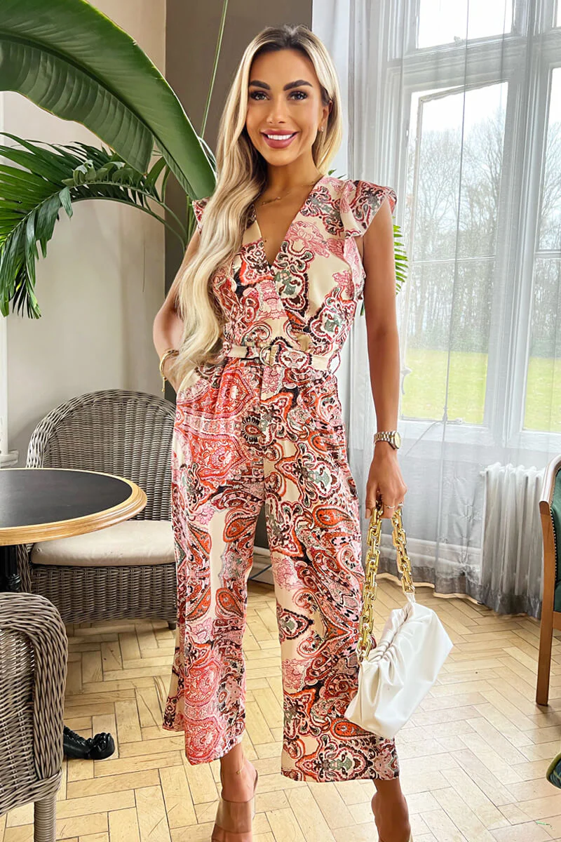 Multi Printed Wrap Top Short Sleeve Belted Jumpsuit - Swimclubus