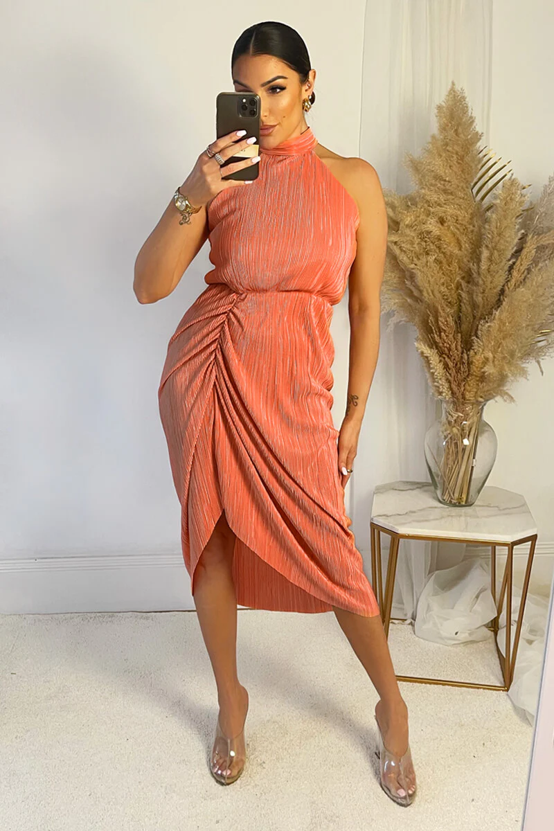 Peach Halter Neck Plisse Gathered Midi Dress - Swimclubus