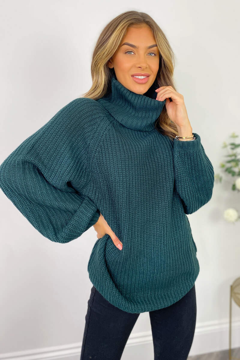 Forest Green Roll Neck Balloon Sleeve Knitted Jumper - Swimclubus