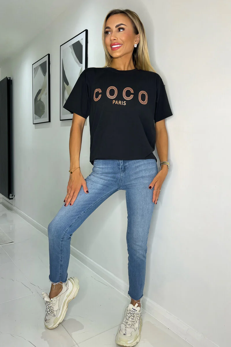 Black Coco Rose Gold Slogan T-Shirt - Swimclubus