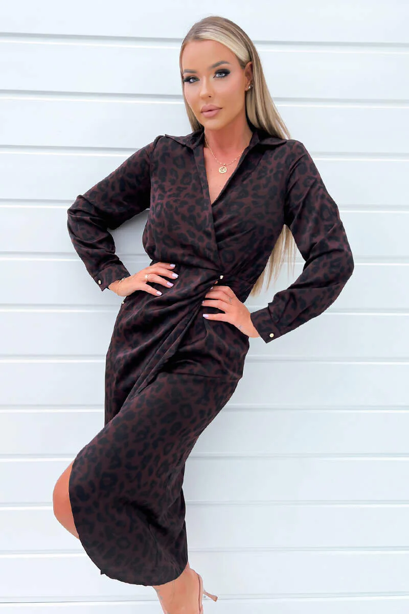 Plum Animal Print Long Sleeve Wrap Midi Dress With Gold Buttons - Swimclubus