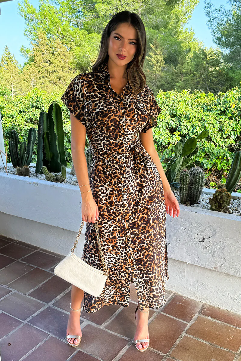 Brown Cheetah Print Short Sleeve Midi Shirt Dress - Swimclubus
