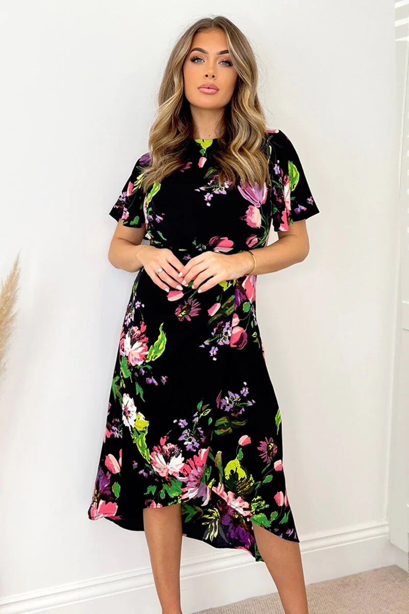 Black Floral Printed Short Sleeve Gathered Side Midi Dress - Swimclubus