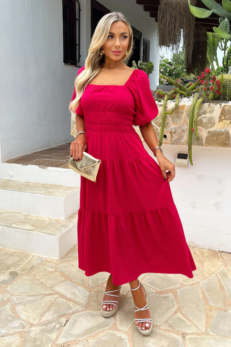 Magenta Puff Sleeve Shirred Waist Smock Midi Dress - Swimclubus