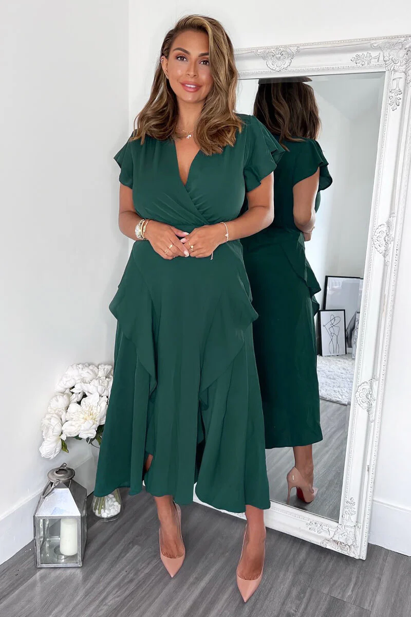 Teal Frill Detail Double Split Skirt Midi Dress - Swimclubus