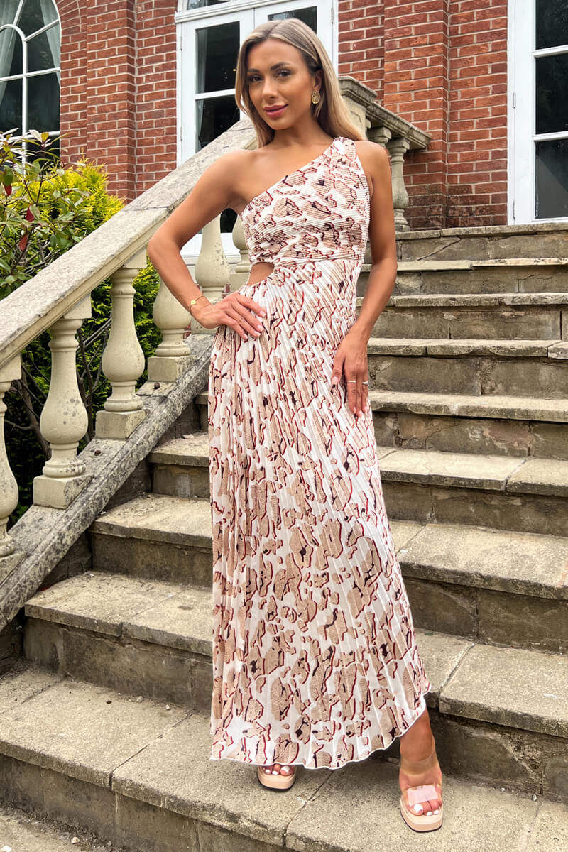Cream Printed One Shoulder Pleated Midi Dress - Swimclubus