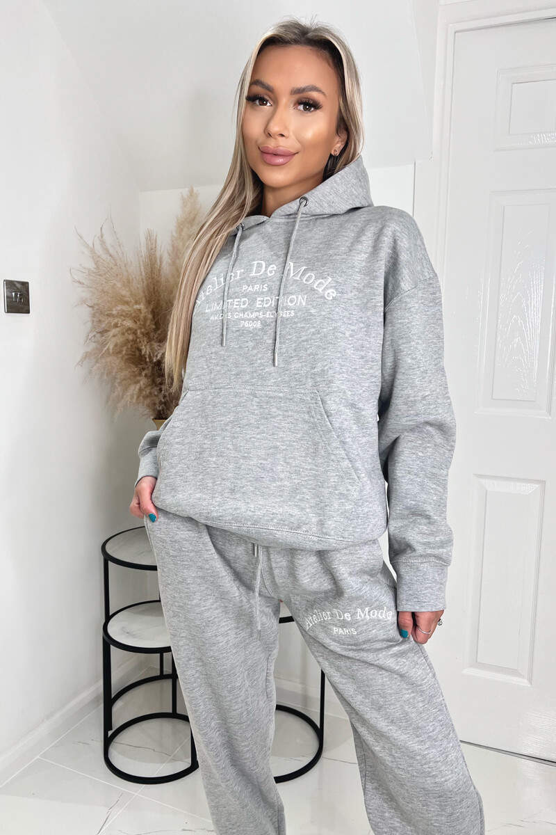 Grey Atelier Embroidered Slogan Hoodie Lounge Set - Swimclubus