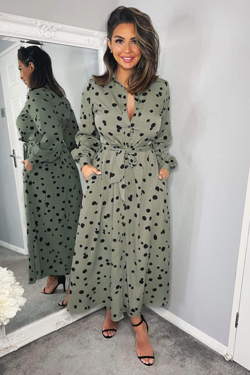 Khaki Printed Button Up Midi Shirt Dress - Swimclubus