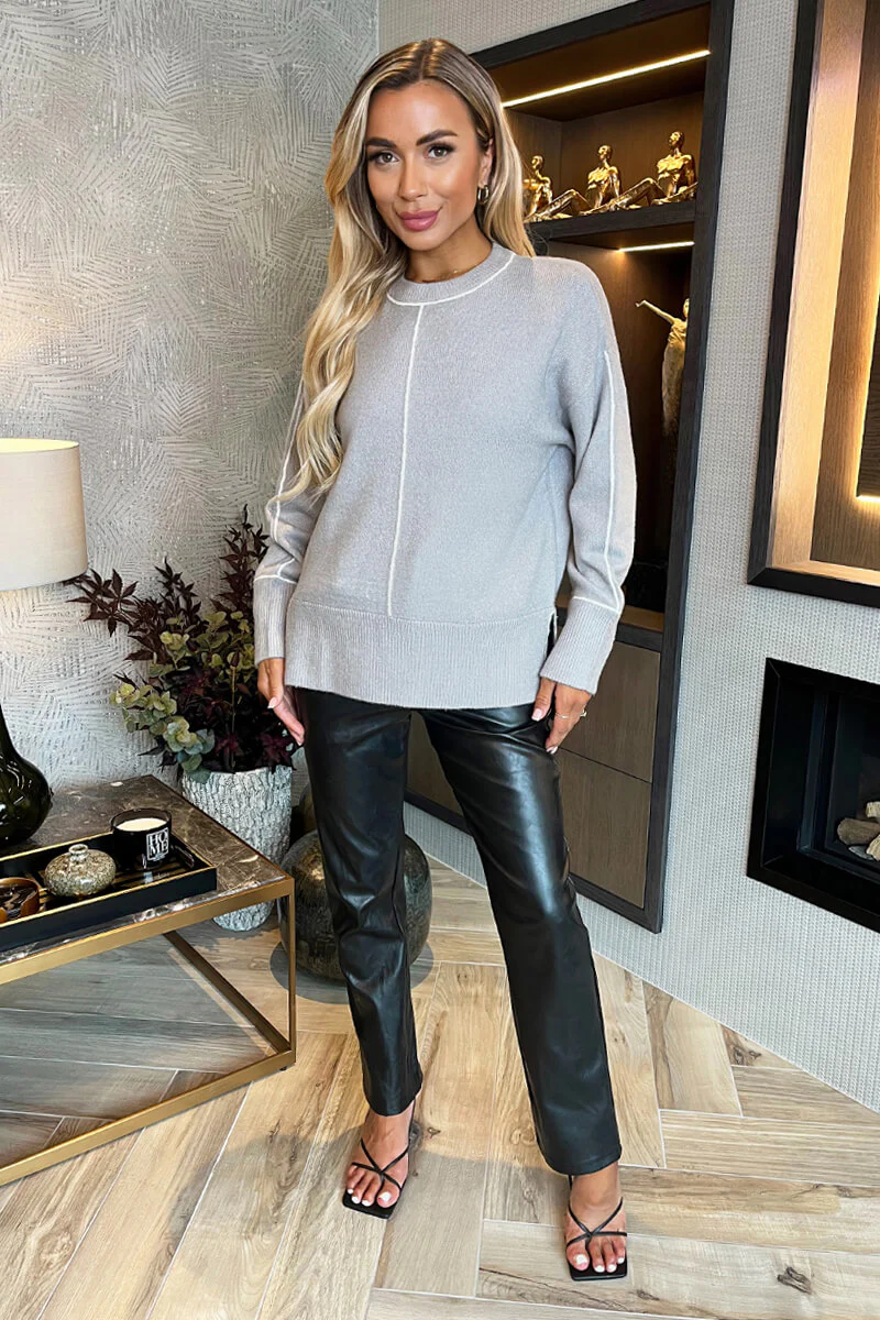 Mid Grey Round Neck Contrast Piping Detail Jumper - Swimclubus