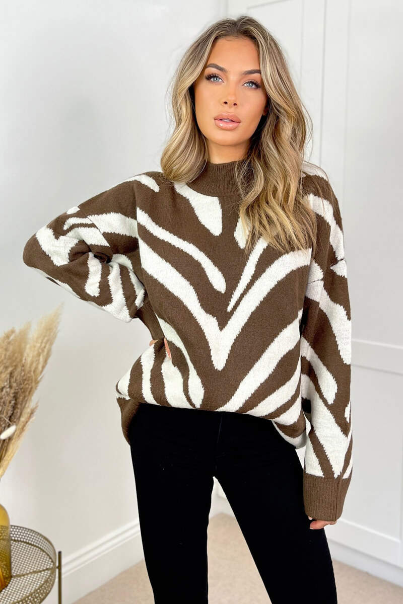Oatmeal Animal Print Long Sleeve High Neck Soft Knitted Jumper - Swimclubus