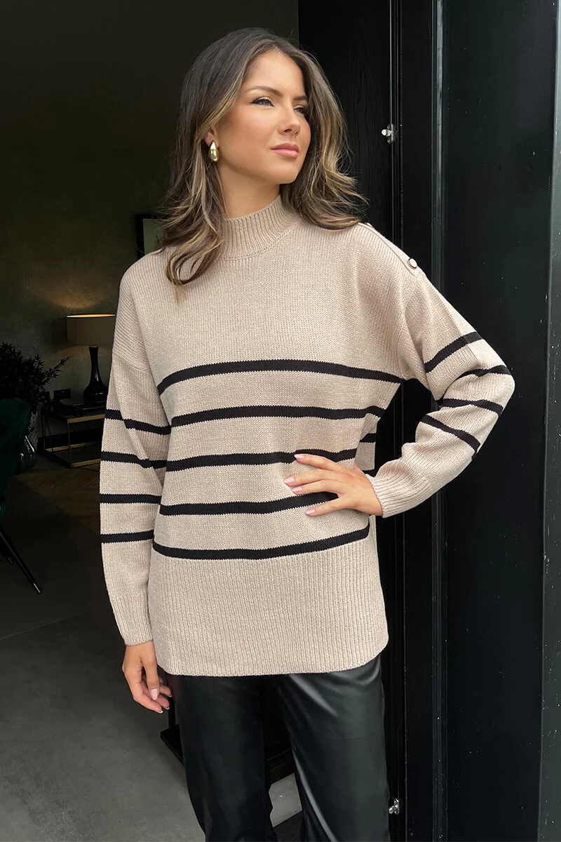 Oatmeal and Black Striped Button Detail Shoulder Knit Jumper - Swimclubus
