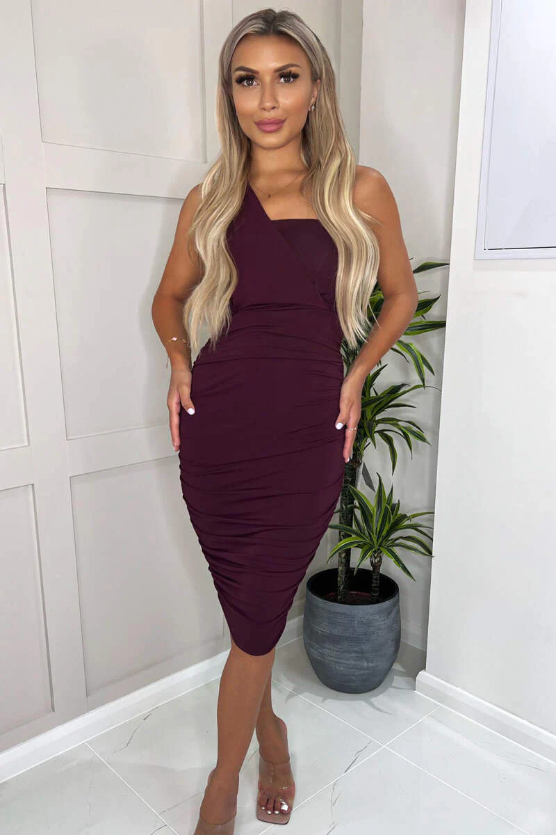 Plum Shoulder Ruched Bodycon Midi Dress - Swimclubus