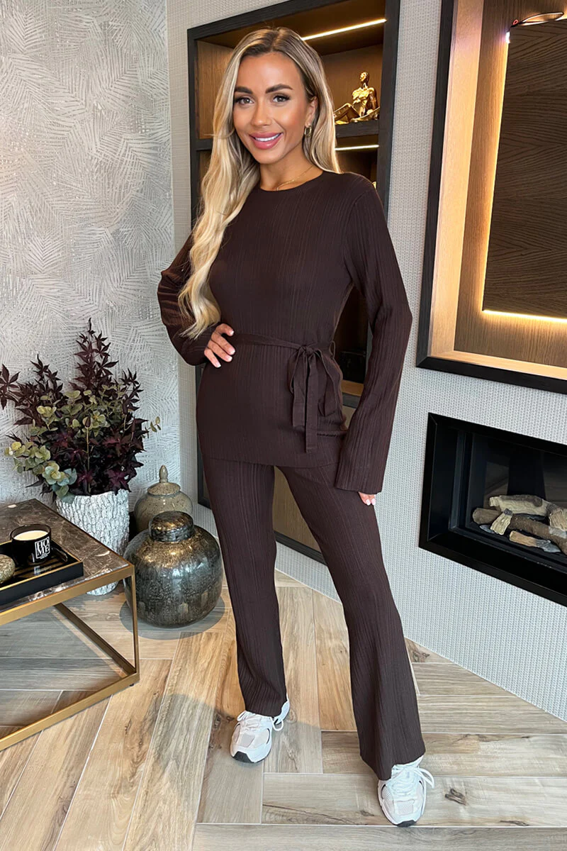 Chocolate Ribbed Tie Waist Flared Leg Co-ord - Swimclubus