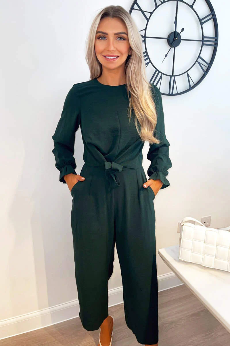 Teal Knot Front Long Sleeve Jumpsuit - Swimclubus