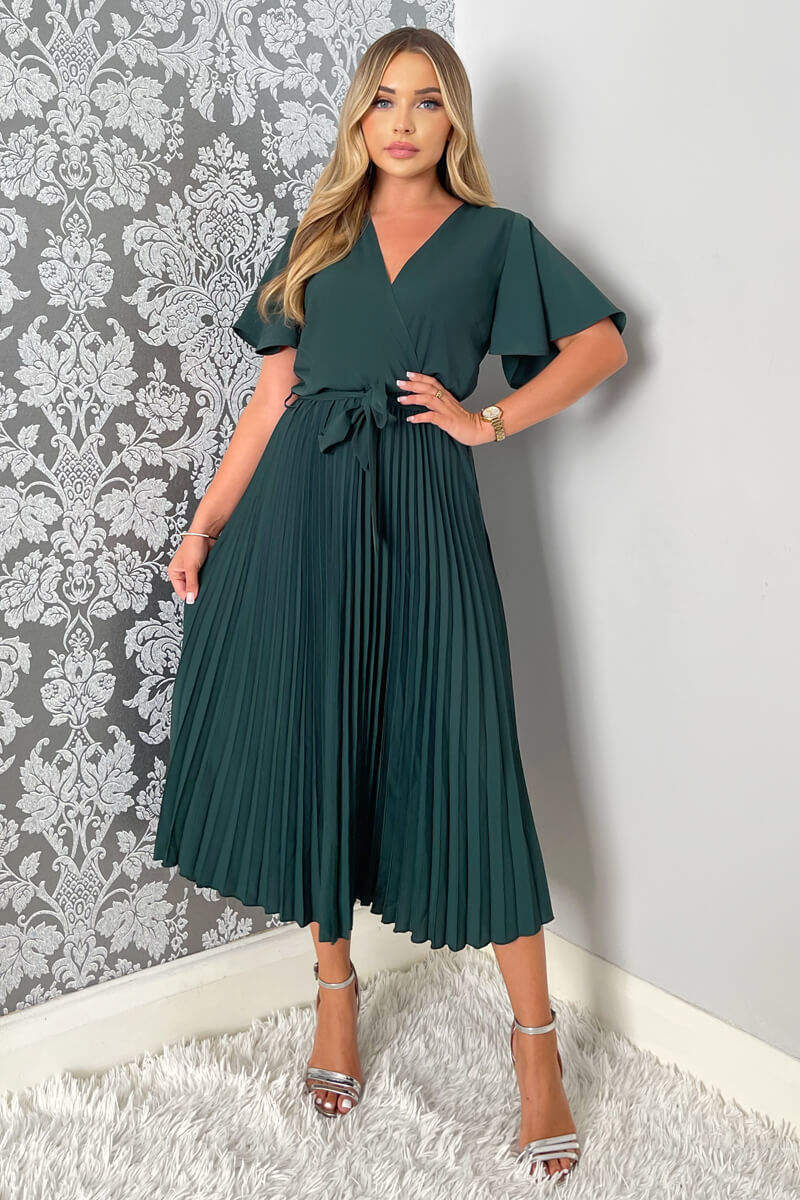 Teal Belted Pleated Skirt Midi Dress - Swimclubus