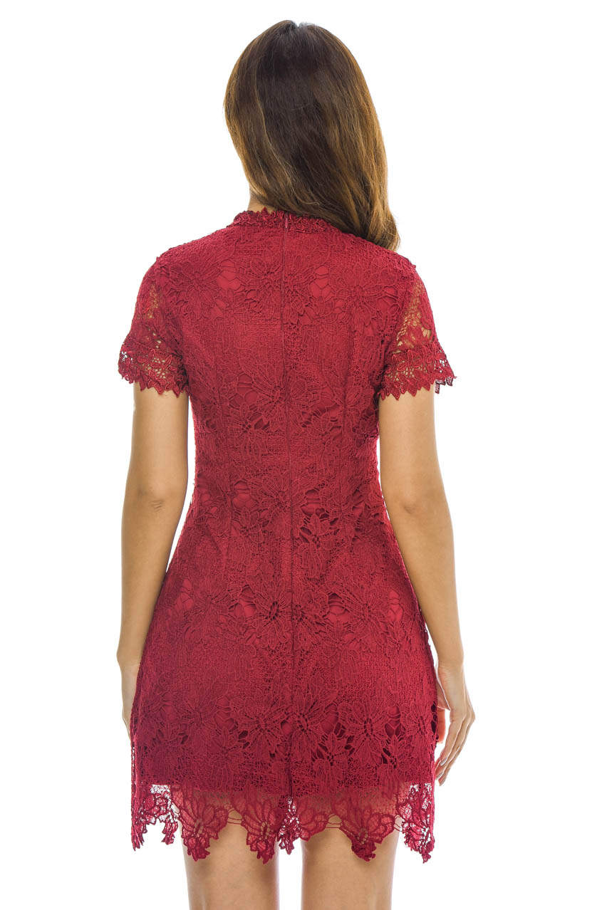 Wine High Neck  Lace   Dress - Swimclubus
