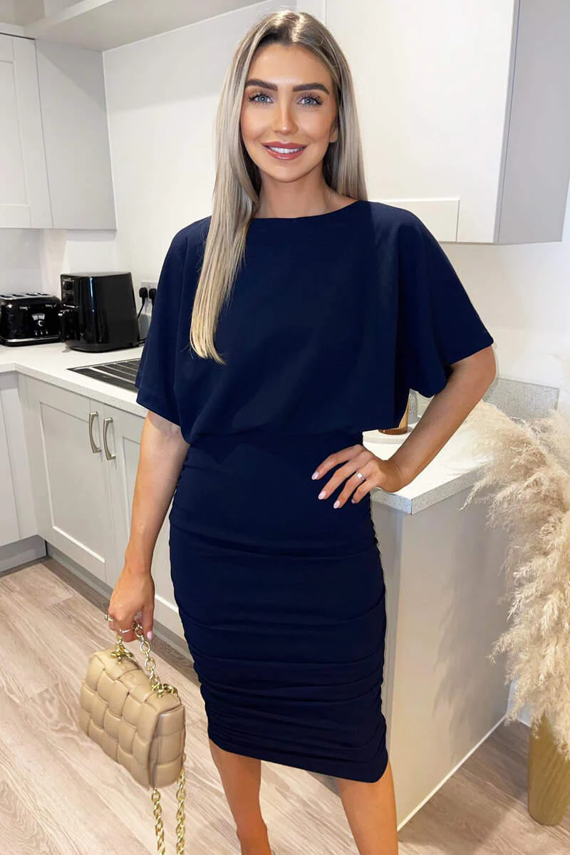 Navy Short Sleeve Side Ruched Midi Dress - Swimclubus