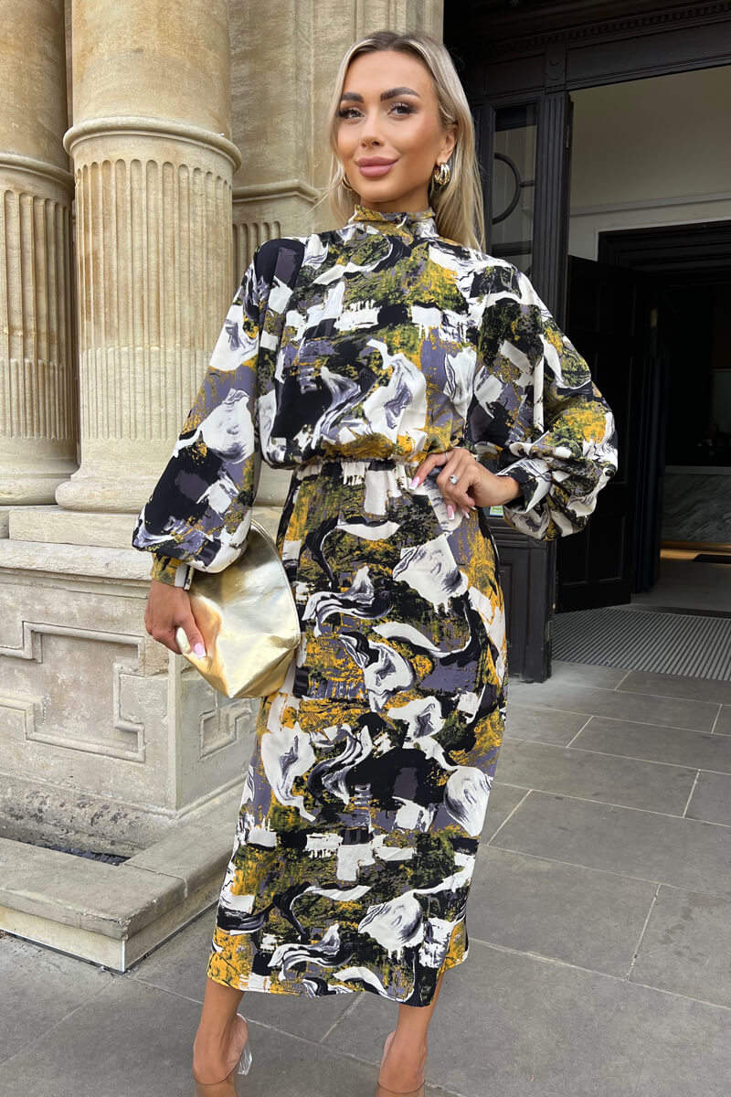 Multi Printed High Neck Balloon Sleeve Midi Dress - Swimclubus