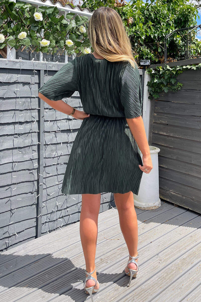 Khaki Wrap Top Belted Short Sleeve Plisse Mini Dress - Swimclubus