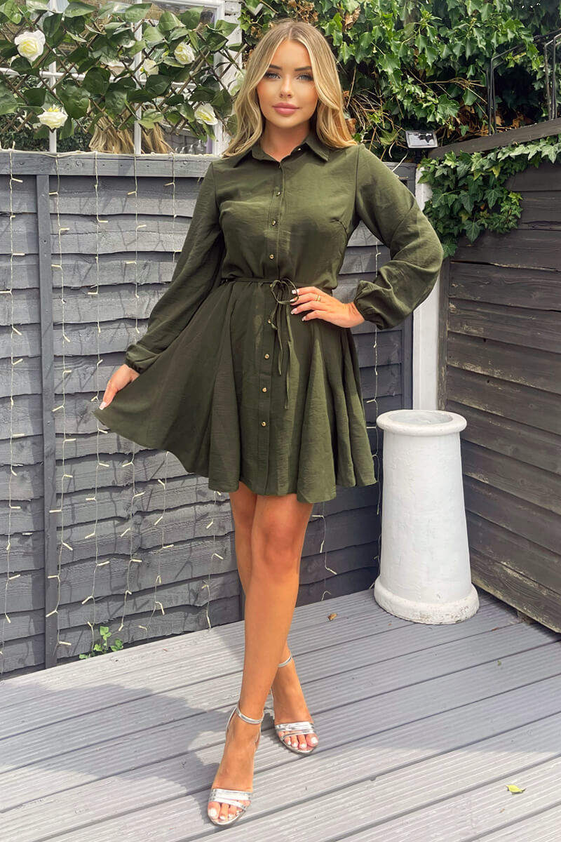 Olive Long Sleeve Belted Pleated Skater Dress - Swimclubus