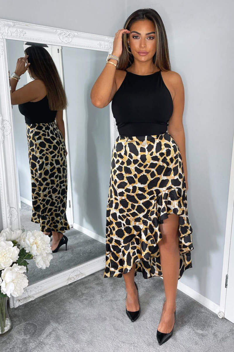 Black Animal Print 2 in 1 Dipped Hem Midi Dress - Swimclubus