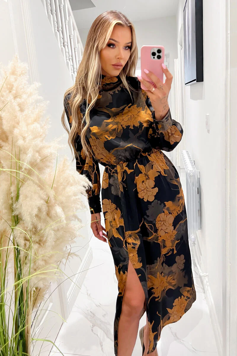Black Floral Print High Neck Long Sleeve Midi Dress - Swimclubus