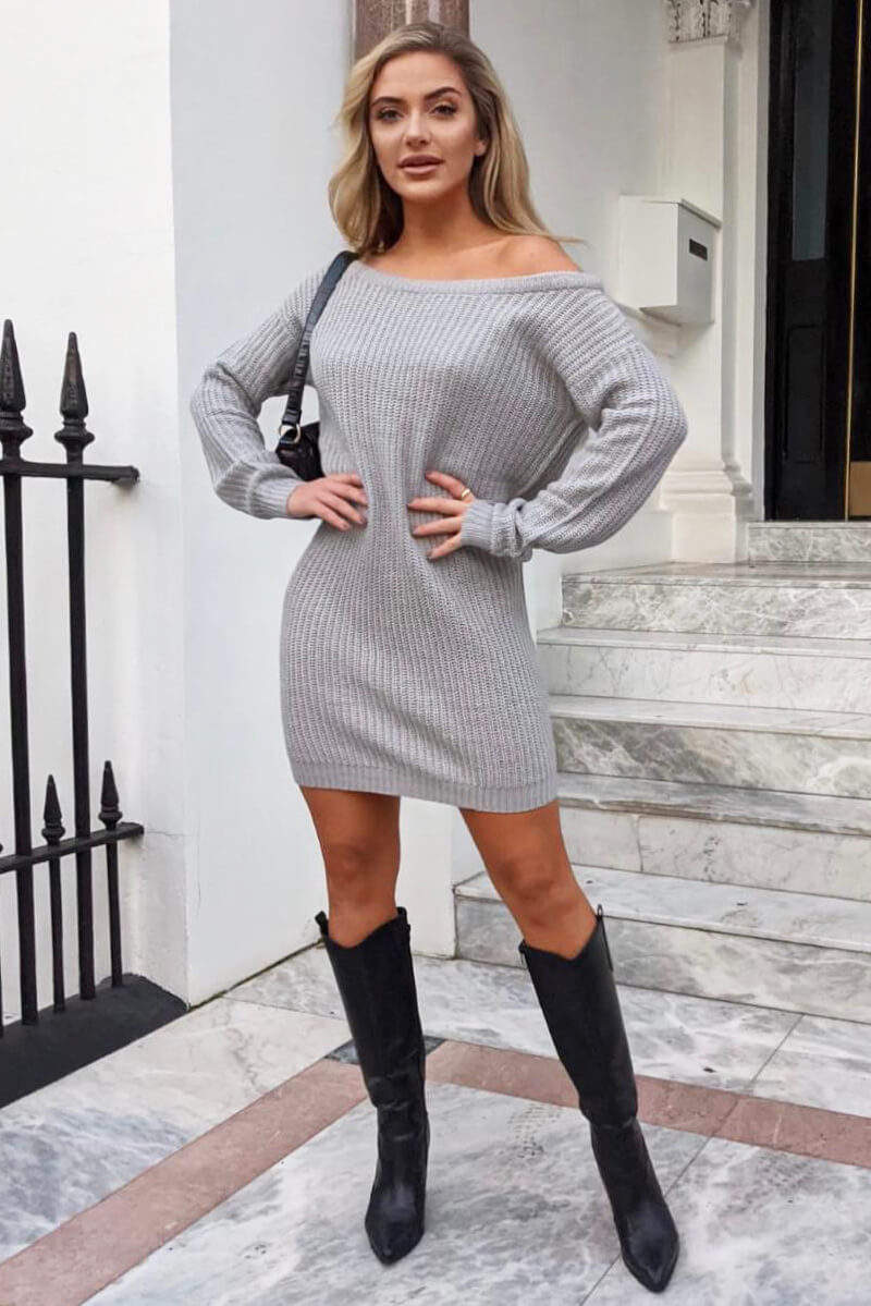 Grey Off The Shoulder Knitted Dress - Swimclubus