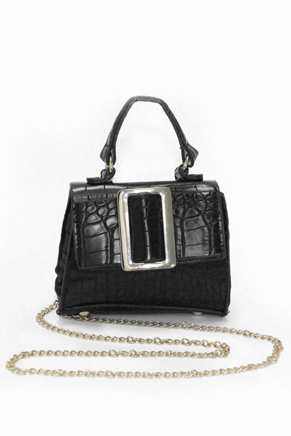 Black Croc Mini Handbag With Gold Buckle - Swimclubus