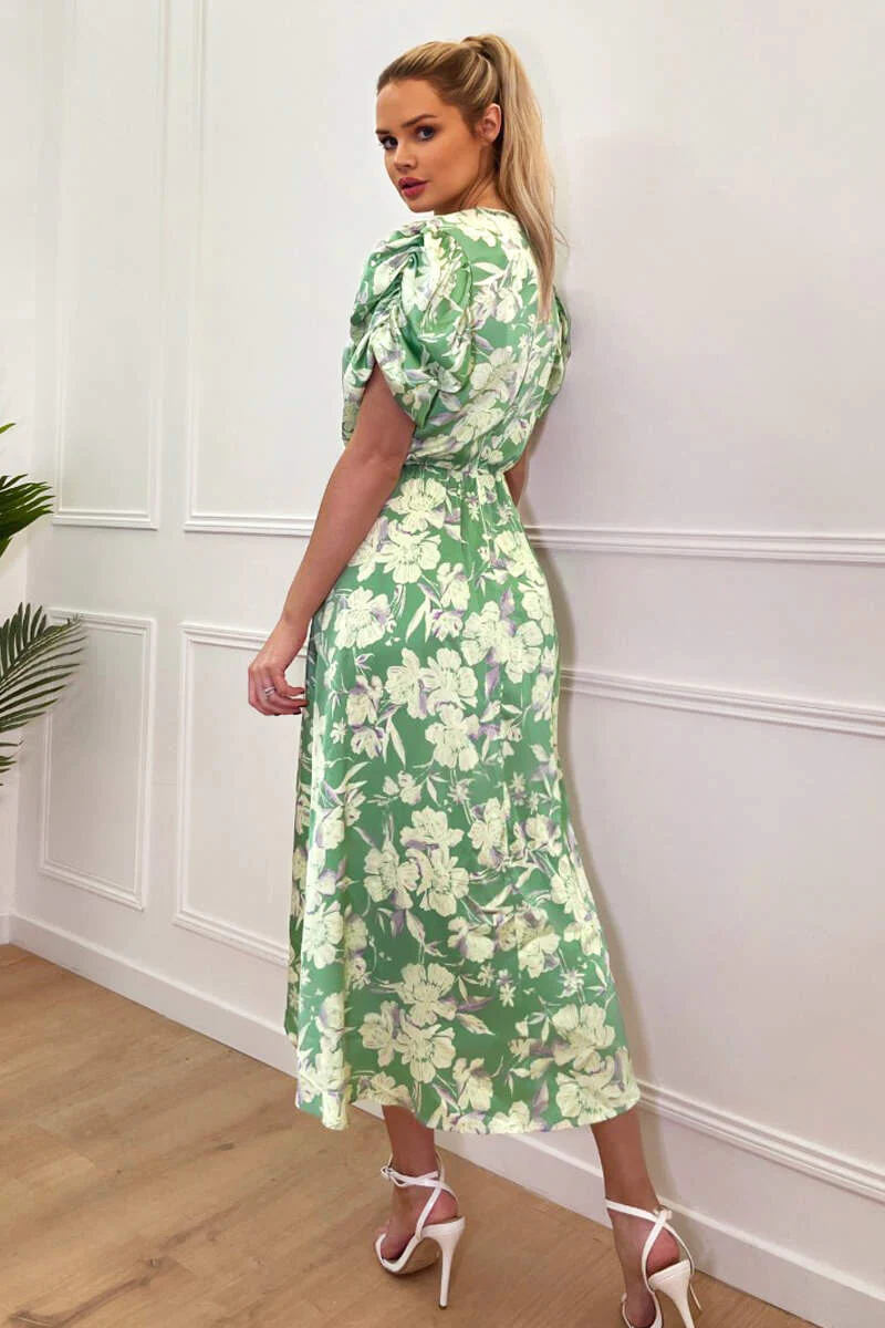 Green Floral Printed Short Puff Sleeve Gathered Side Midi Dress - Swimclubus