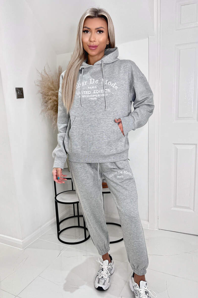 Grey Atelier Embroidered Slogan Hoodie Lounge Set - Swimclubus