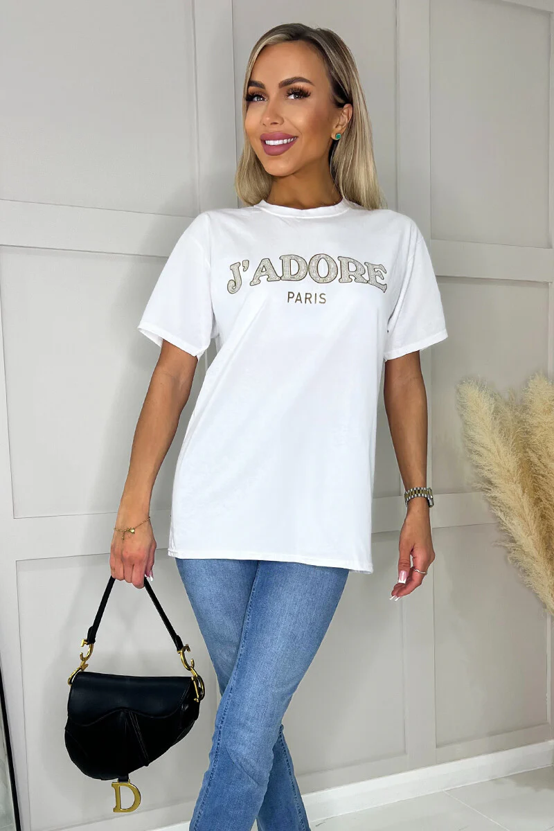 White J'Adore Gold Slogan T-Shirt - Swimclubus