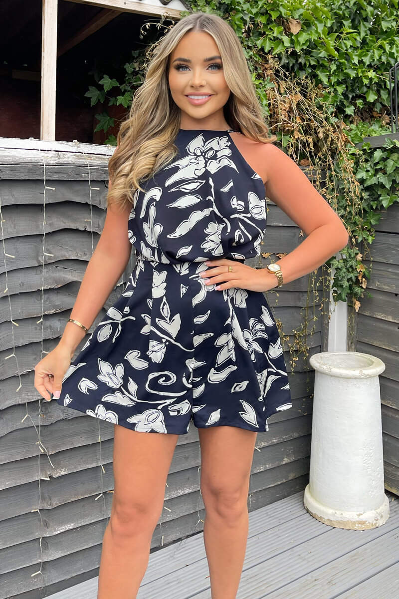Navy and White Floral Print Playsuit - Swimclubus