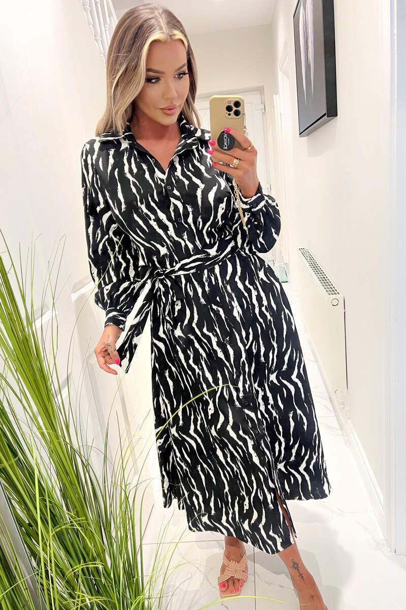 Black And White Printed Button Up Midi Shirt Dress - Swimclubus