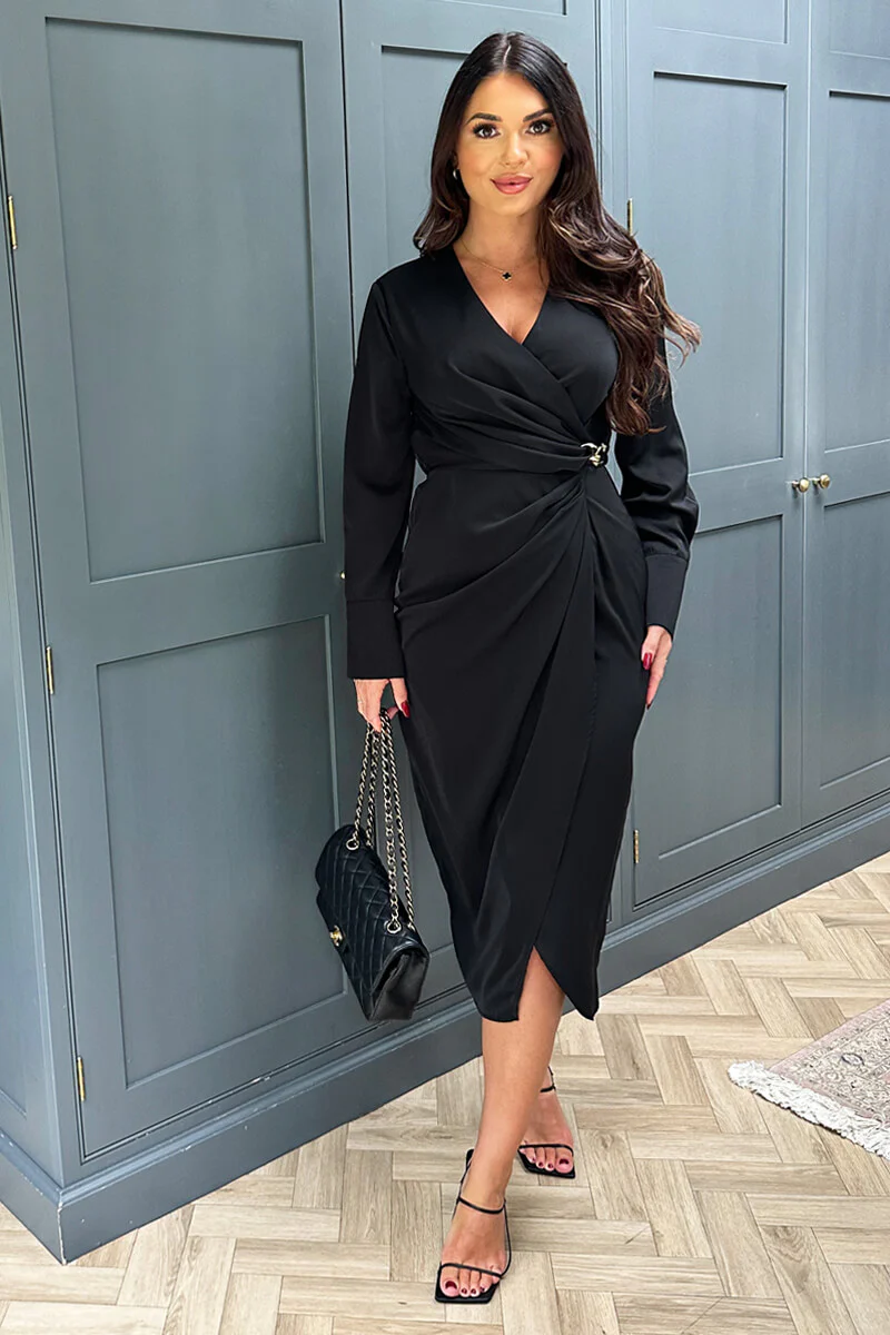 Black Wrap Gold Buckle Midi Dress - Swimclubus