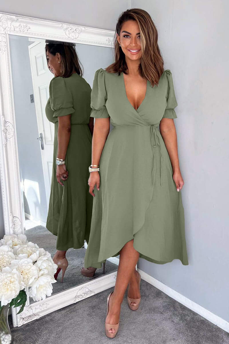 Khaki Wrap Side Tie Midi Dress - Swimclubus
